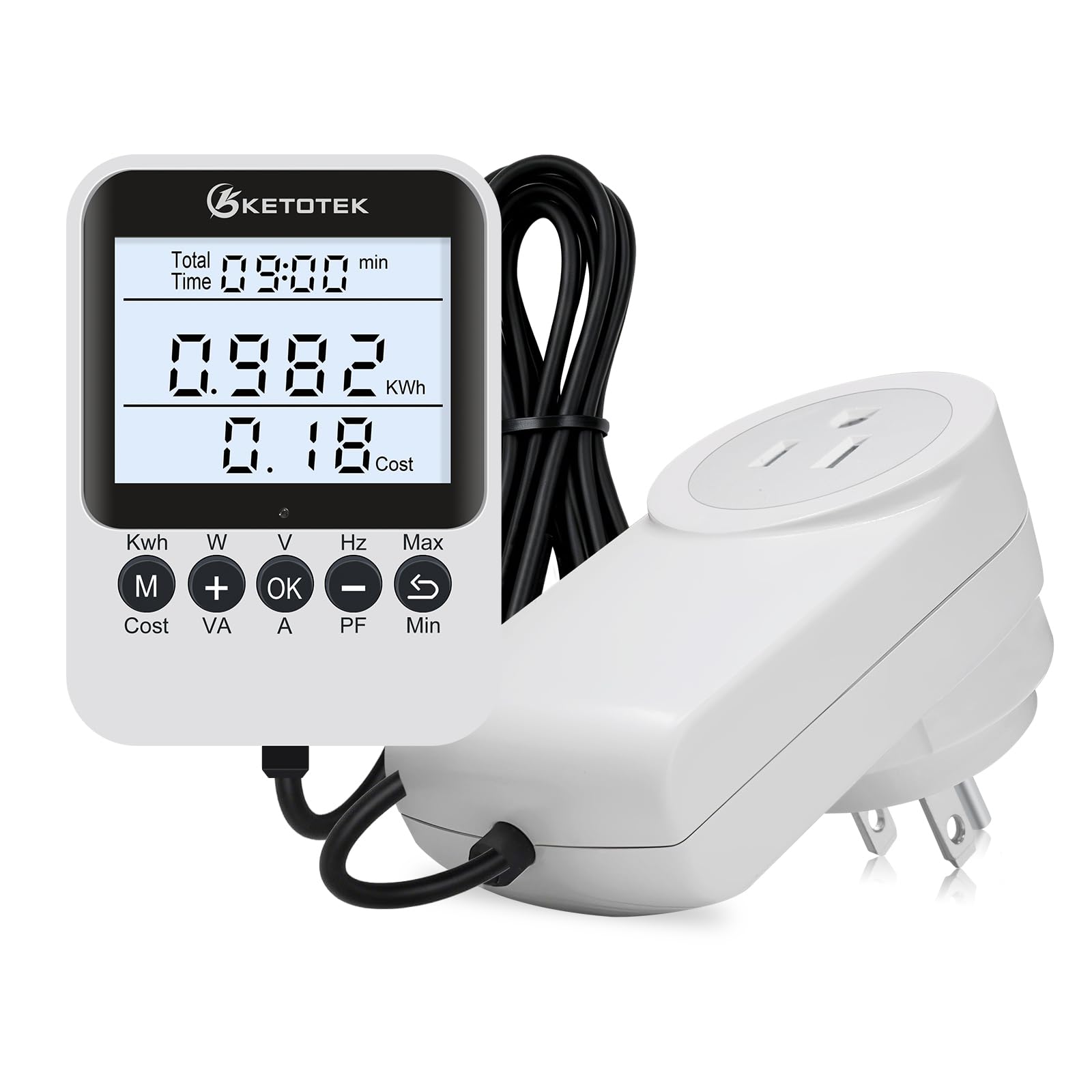 KETOTEK Watt Meter Plug, Power Meter with Backlight, Upgraded Electricity Usage Monitor Consumption, Display Connected via Cable, Overload Protection, Wattage Meter For Home Electrical Monitoring