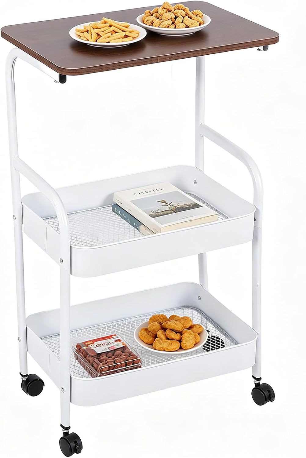 Pssopp Rolling Snack Cart, Kitchen 3 Tier Storage Cart Large Rolling Utility Organizer for Makeup Baby Essentials Nursery Kitchen Bathroom Craft Laundry Room (White)