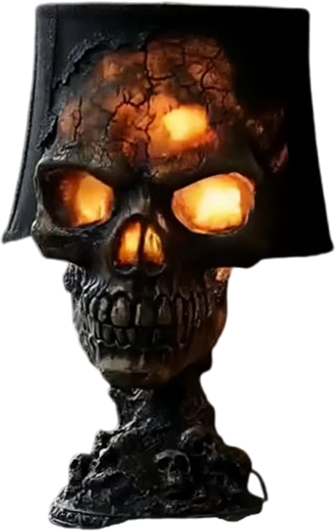 USB Rechargeable Lava Stone Skull Lamp for Halloween - Handcrafted Gothic Night Light with Flickering Flame Effect, Spooky Home Decor for Party, Garden, Horror Theme Room Decoration