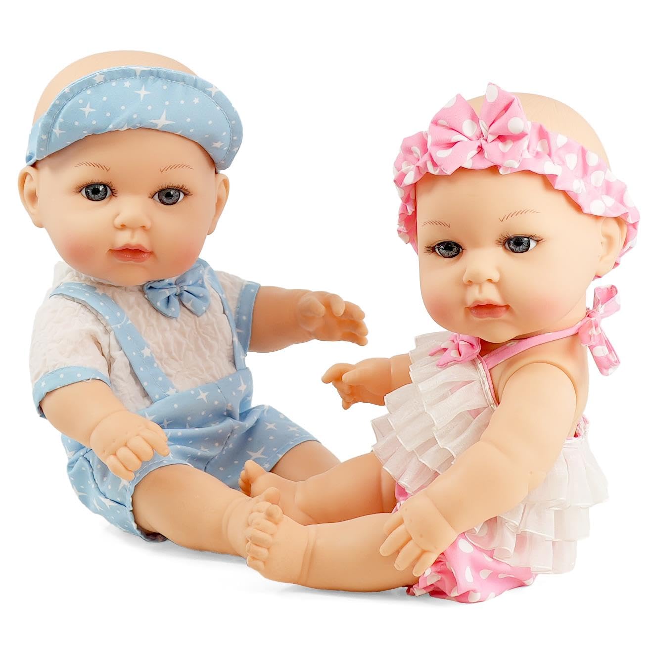 Bibi Doll 14" Twin Baby Dolls Lucy & Lou with Pink & Blue Complimenting Outfits - Anatomically Correct, Soft Vinyl Bodies - Realistic Baby Dolls for Girls and Boys Aged 3 Years and Up