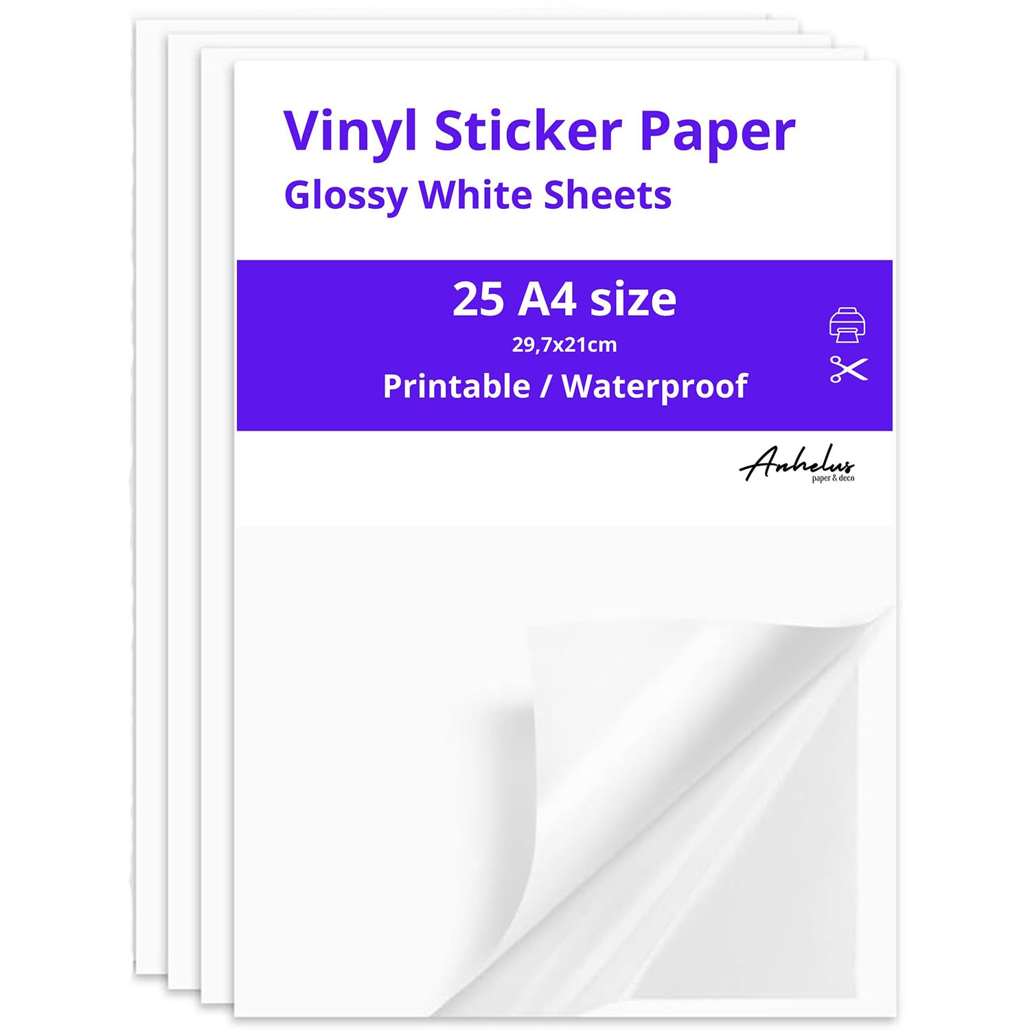 Printable Glossy White Vinyl Sticker Paper A4 | 25 Self Adhesive Sheets for Inkjet and Laser Printers | Waterproof Vinyl Paper for Labels, Stickers and Decals