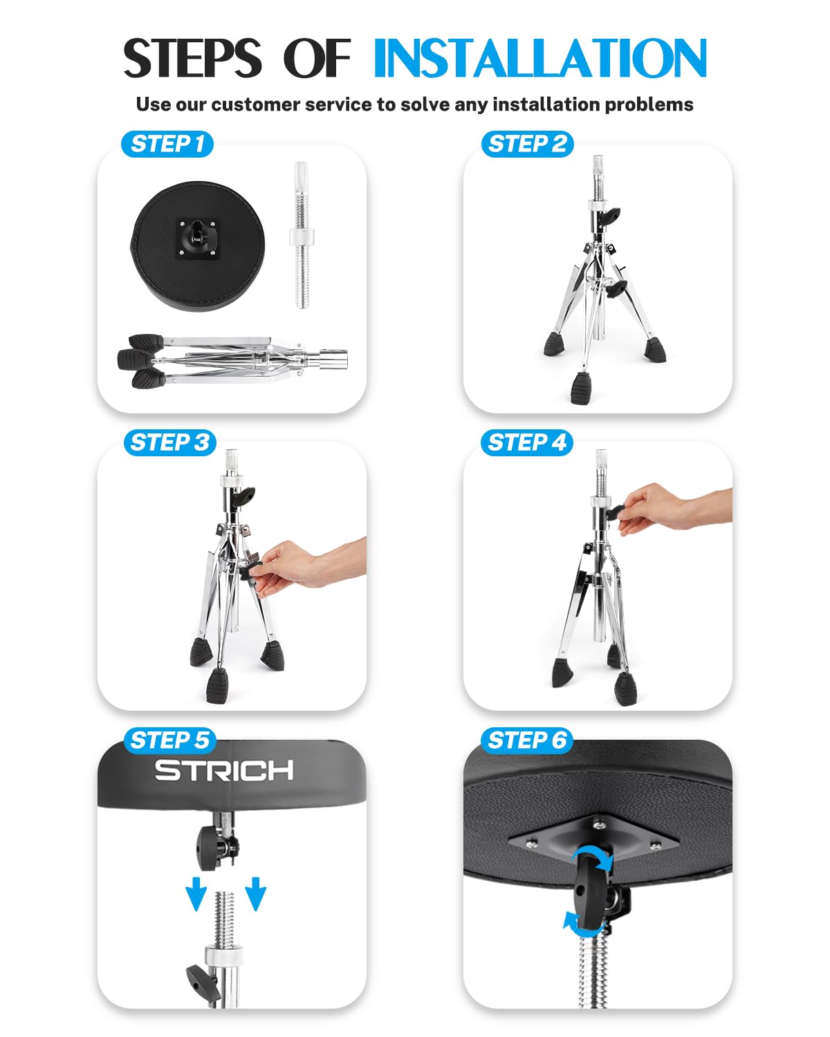 STRICH Sgabello imbottito per batteria, sgabello girevole resistente per chitarra, con bacchette 5A, SDB-20