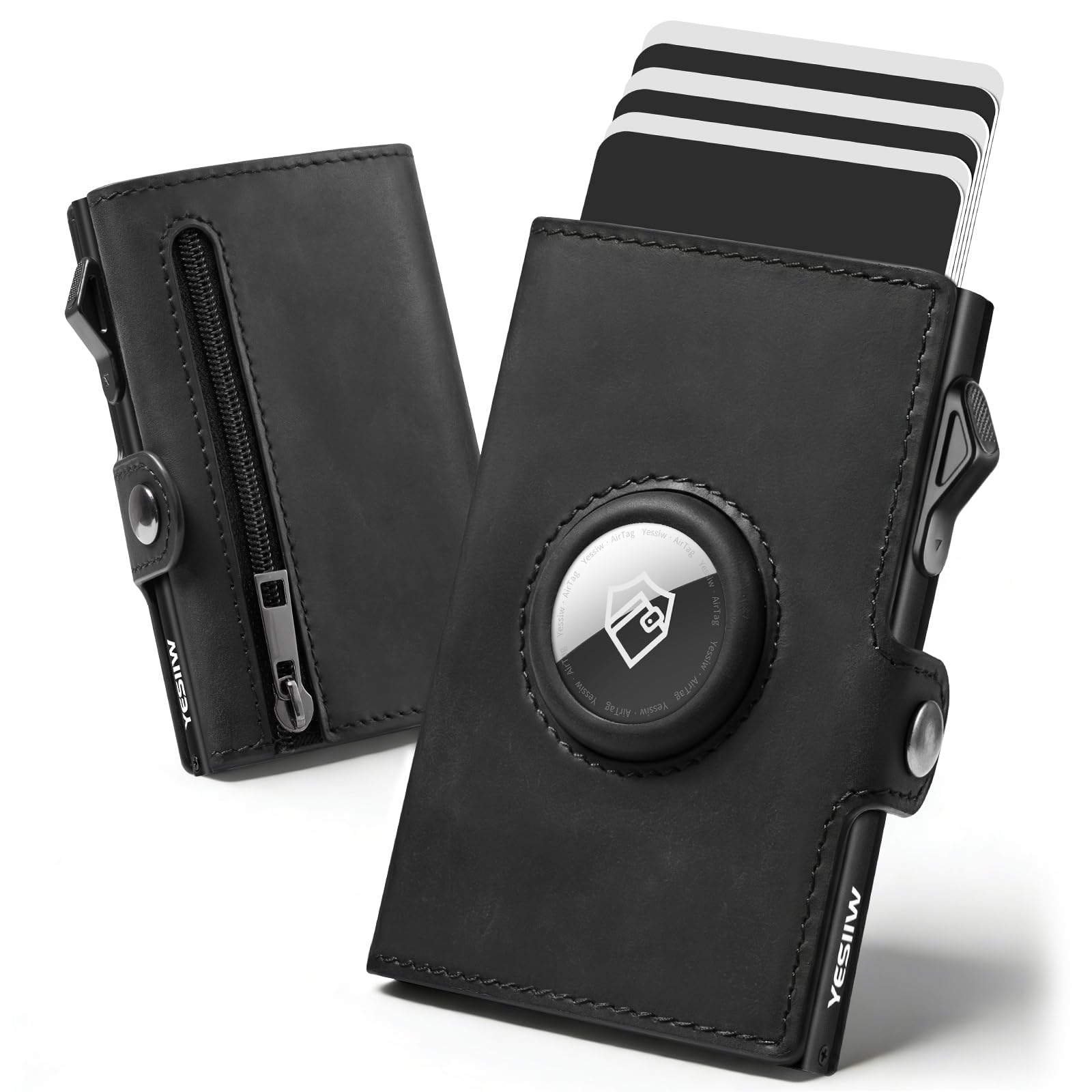 YESIIW Geldbörse Herren Echt Leder mit AirTag Fach – RFID Portmonee Herren AirTag mit Pop-Up Kartenetui für 10 Karten & 2 Ausweise, Smart Wallet mit Münzfach, für Alltag, Reise & Büro, Schwarz
