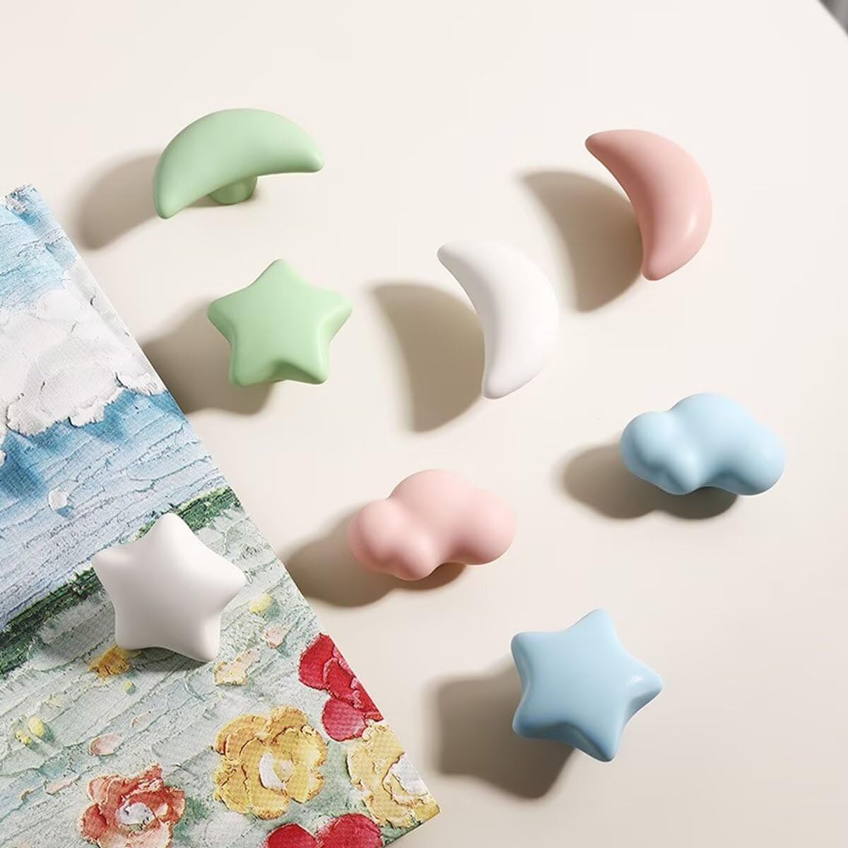 6Pcs Ceramic Knobs for Kids - White Cabinet Door Knobs, Decorative Cartoon Cloud Cupboard Pull Handles with Screws for Children's Room Bedroom Furniture Closet Drawer