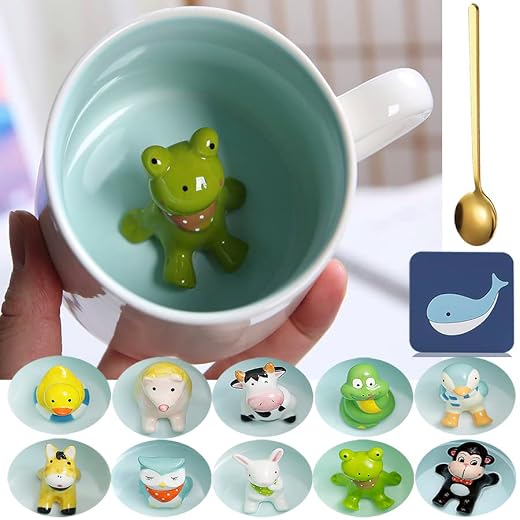 Arawat Kopp groda 3D djur koppar gåvor med groda figur inomhus 375 ml tekopp med sked underlägg söt kaffe te mugg groda mugg födelsedagspresent för vän pojkar kvinnor män