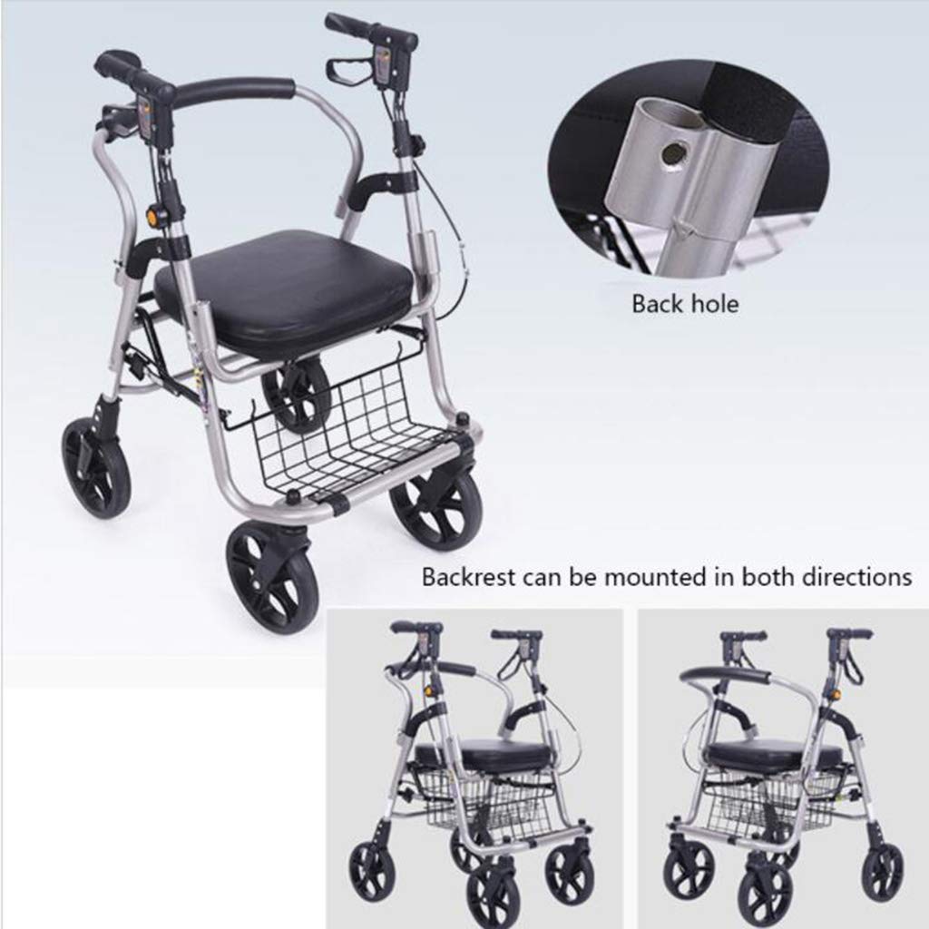 Andador para personas mayores con ruedas, estructura de aluminio plegable y ligera, altura regulable, cesta de compra con asiento con freno, apto para uso interior y exterior