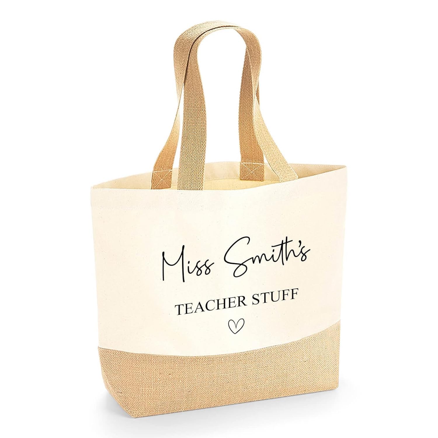 Personalised Teacher Bag with Custom Name, Hessian Jute Teacher Tote Bag, End Of Term Gift Thank You Gift for Teachers Assistants, TAs & Nursery Staff, Teacher Stuff Bag Present