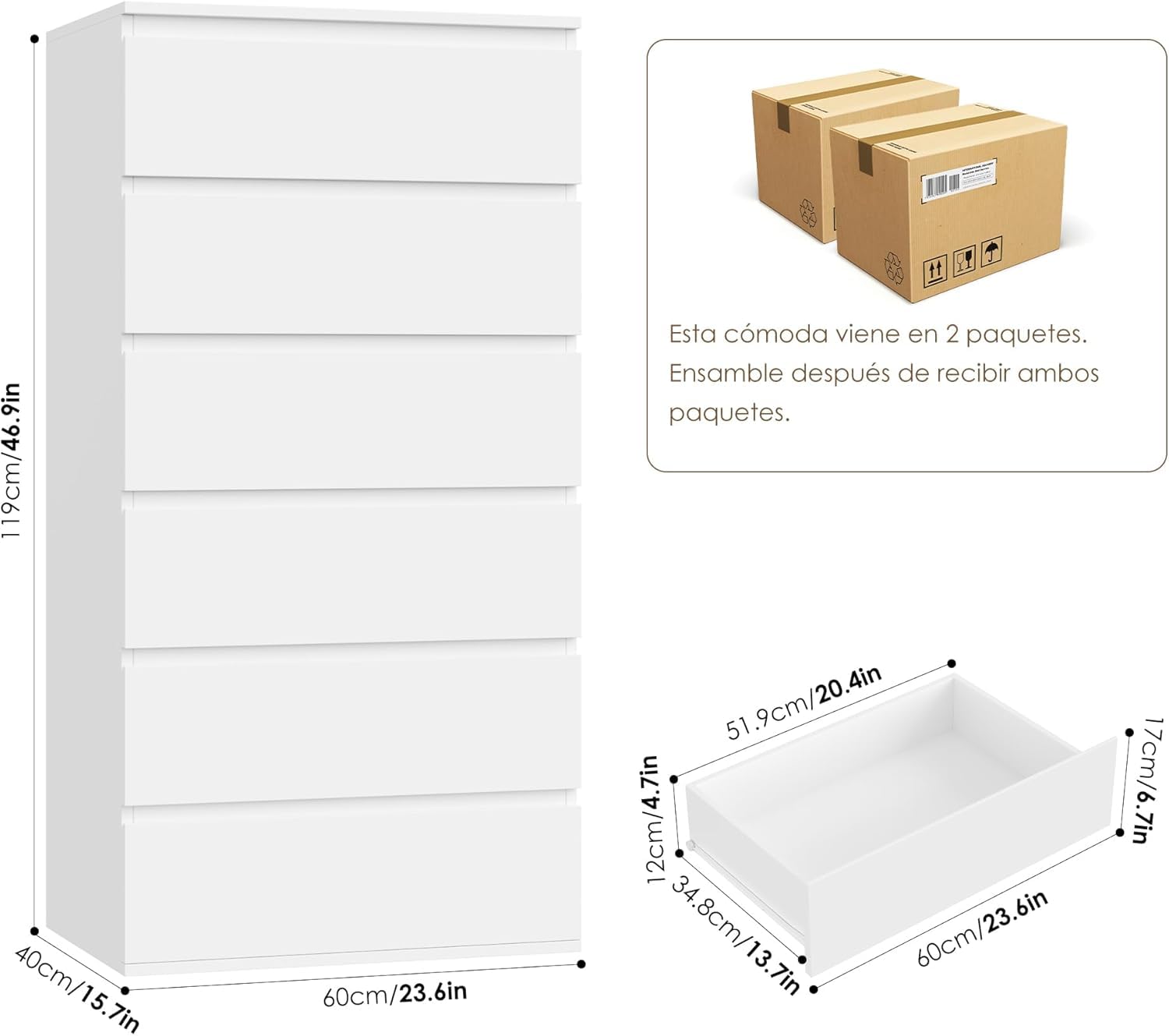 FOREHILL Cómoda Dormitorio, Cómodas y Cajoneras, Cajonera con 6 Cajones Blanco, Sinfonier Dormitorio Alto, Mueble Almacenaje para Dormitorio, Salón, Madera 60x40x119cm