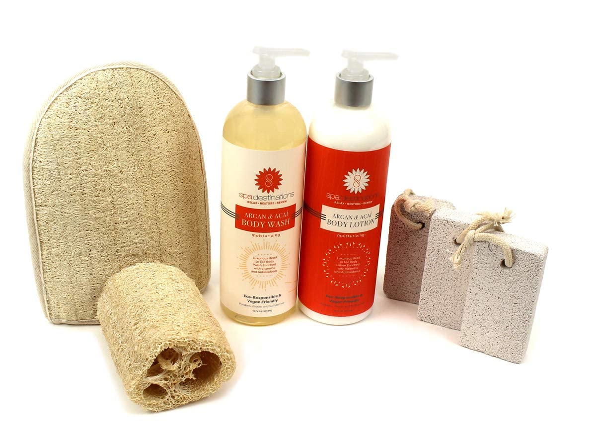 Spa Gift Set for Women “Beautiful Feet Gift Set” 7-piece Tropical Scent Gift Set with Body Wash, Body Lotion, Natural Loofah, and Pumice  Value