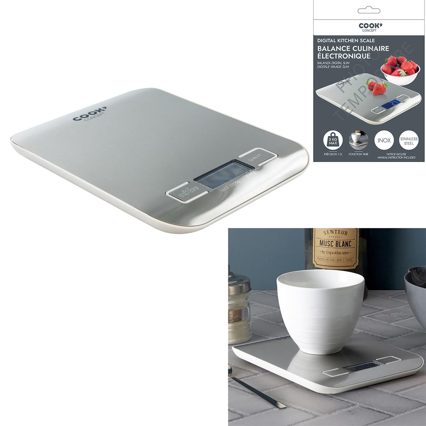 Cook Concept KU6610 Bilancia Da Cucina Digitale Elettronica 5kg In Acciaio Inox - Funzione TARE, Display LCD, Unità Di Misura (g/oz/lb/ml), Ultracompatta 1,8x14x18 Cm