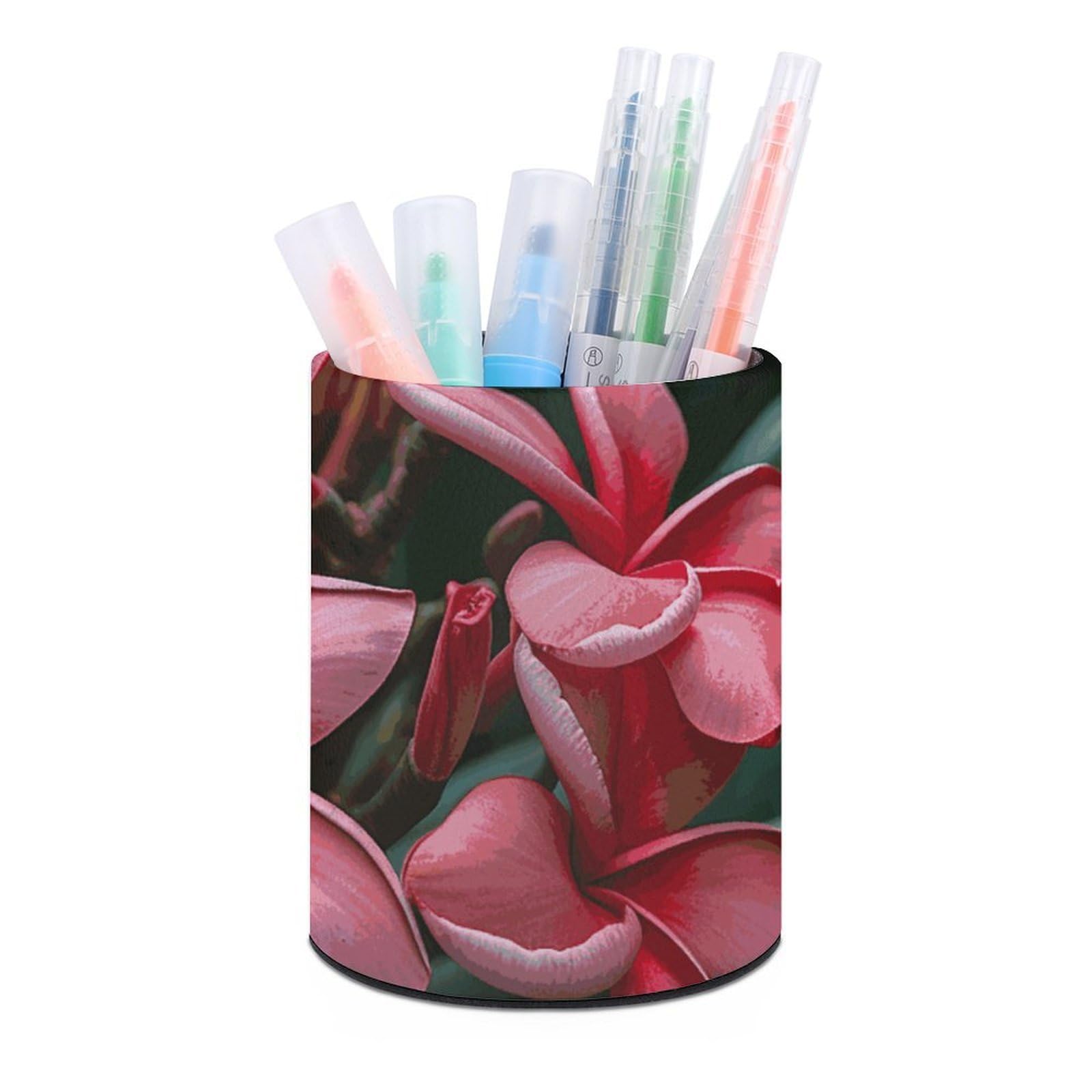 DWVTSLH Aesthetic Pen Holder for Desk - Modern Leather Pencil Holder - Stylish Round Makeup Brush Holder - Plumeria Pen Cup Cute And Functional Desk Organizer for Office Supplies