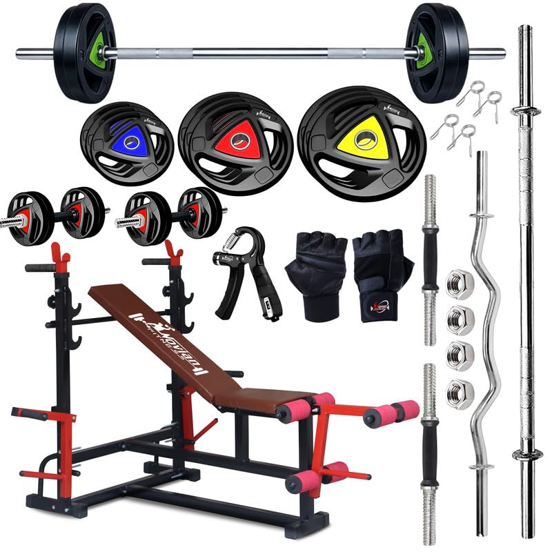 TITAN-X 8-in-1 Multifunction Home Gym Bench Set with 80KG Rubber Coated Weight Plates, 5FT Straight Barbell Rod, 3FT EZ Curl Rod, Dumbbell Rods, Skipping Rope, Hand Gripper & Gloves-image-36