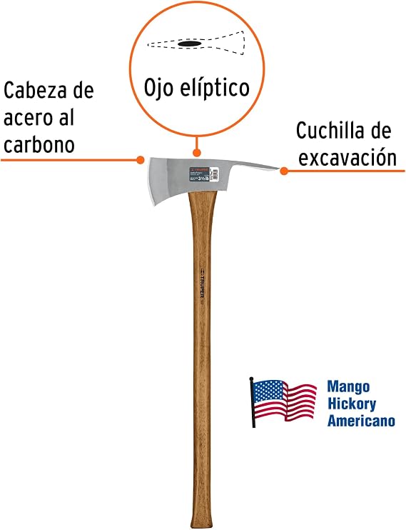 Truper Pulaski Axe, 3.5 lb Forged Steel Head, 35-Inch American Hickory Wood Handle, Dual-Purpose Grub Hoe and Chopping Blade, Heavy-Duty Forestry & Firefighting Tool (Model PU-3-1/2M / 14966)