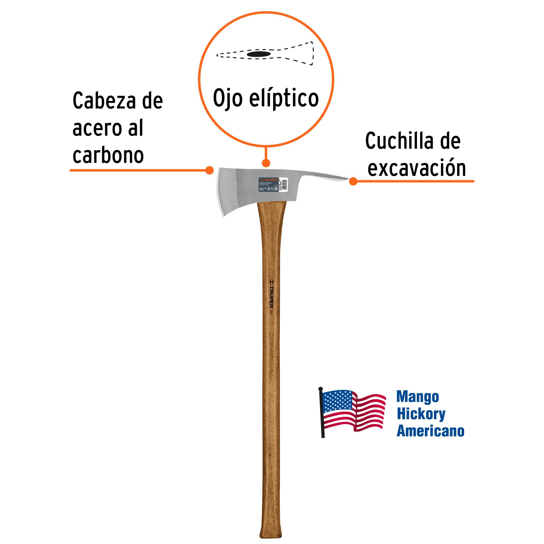 Truper Pulaski Axe 3.5 lb Forged Steel Head 35-Inch American Hickory Wood Handle Dual-Purpose Grub Hoe and Chopping Blade Heavy-Duty Forestry & Firefighting Tool Model PU-3-12M 14966 product thumbnail 3