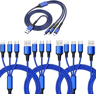 3 in 1 Multi Devices USB Charger Cable Multiple Head Universal Cord Fast Charging Nylon Braided 4Ft Type-C Micro USB iPhone Port Compatible iPhone Android Devices iPads (4 Feet, Blue, 3)