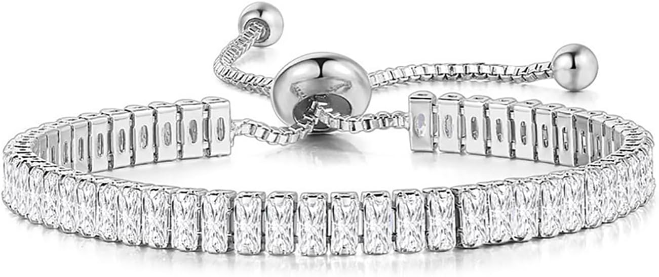 Baguette Stone Studded Adjustable Tennis Bracelet Stylish Fashion Jewellery Valentines Gift for Women & Girls