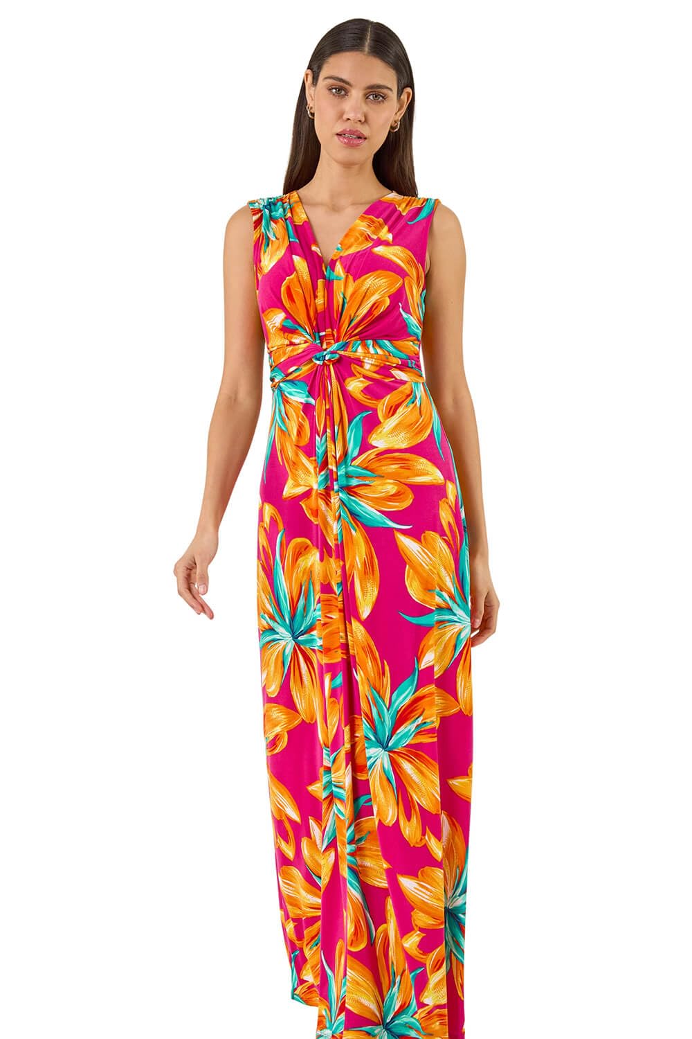Roman Originals Maxi Dress for Women UK Ladies Twist Knot Front Empire Waist Summer Party Casual Holiday Bohemian Beach Cruise Evening Long Sleeveless V Neck Jersey