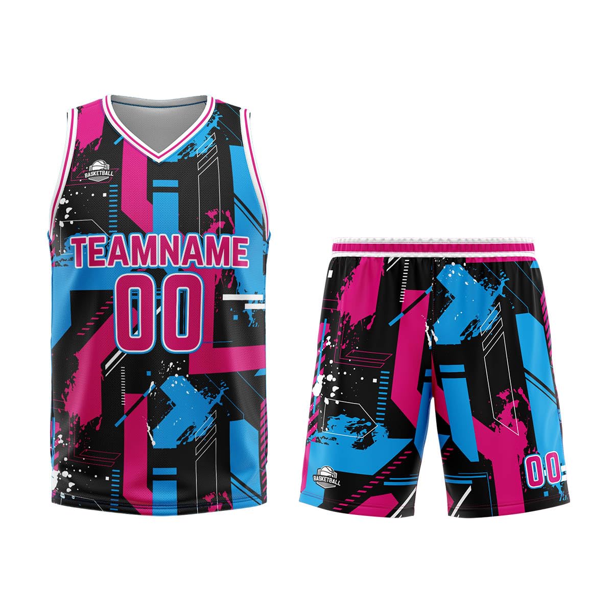 vients Custom Basketball Jersey with Team Name&Number&Logo, Personalized Uniform for Adults Kids (Polyester, Geometry Pink Light Blue)