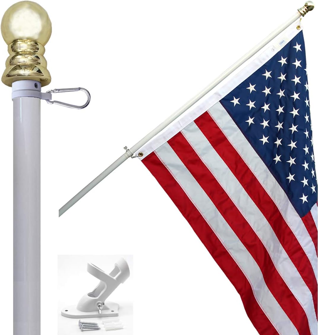American Flag with Pole for Outside House Kit - White | Includes Made in USA 3x5 ft Embroidered Flag, 6 Ft Aluminum Tangle Free Spinning Flag Pole and Wall Mount Bracket