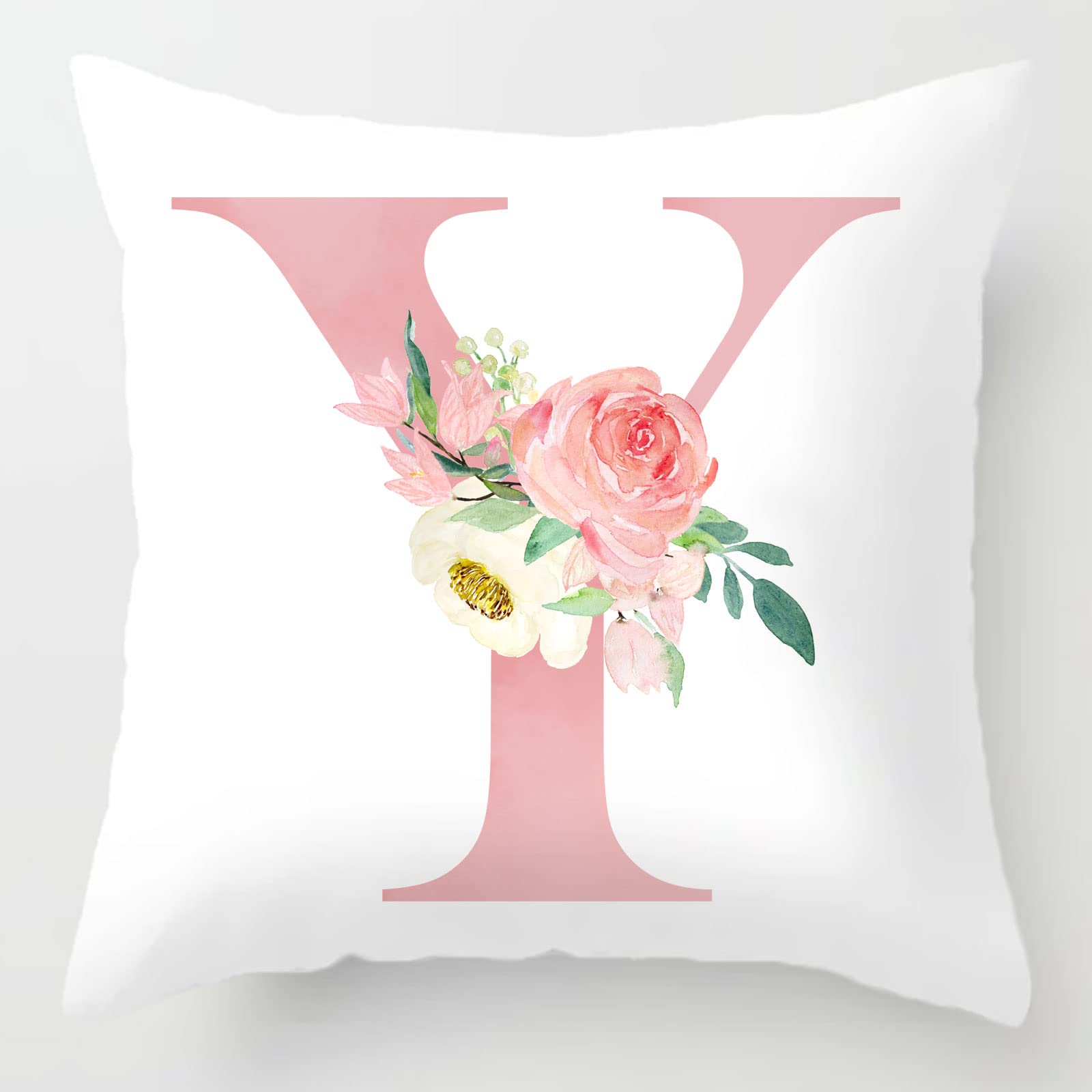 Alphabet Decorative Pillow Covers 24x24 Inch Pink Letter Y Pillow Covers Floral Initial Throw Pillow Covers Soft White Velvet Square Cushion Covers