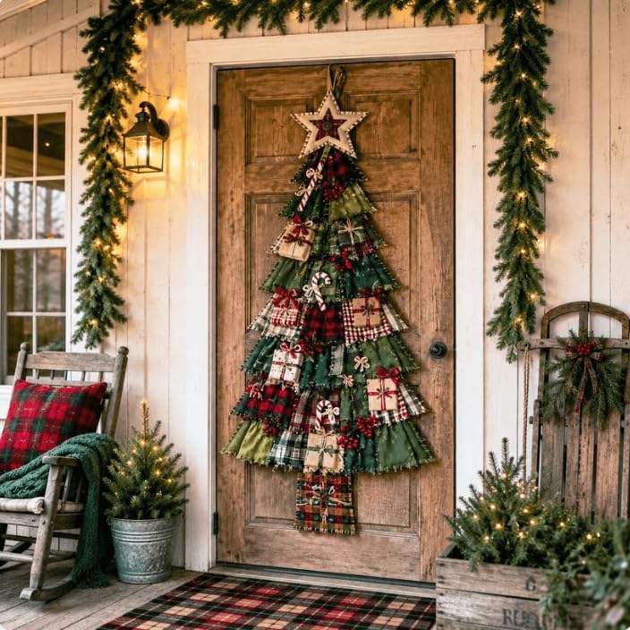 DIY Oversized Patchwork Christmas Tree Door Hanger Kit, 3D Fabric Sewing & Assembly Craft Kit for Adults, Holiday Home Wall & Entryway Decor, DIY Quilted Christmas Tree Kit for Front Door Display，#1