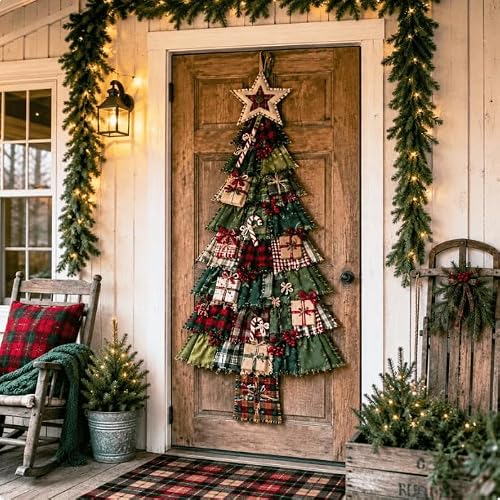 DIY Oversized Patchwork Christmas Tree Door Hanger Kit, 3D Fabric Sewing & Assembly Craft Kit for Adults, Holiday Home Wall & Entryway Decor, DIY Quilted Christmas Tree Kit for Front Door Display,#1