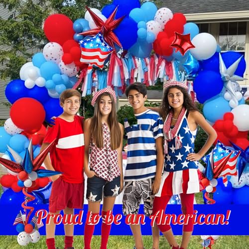 Image of Patriotic balloons Red White and Blue balloon garland arch kit with star print and flag star mylar balloon Tissue Paper Tassels Banner for 4th of july independent day Veteran Day party decorations