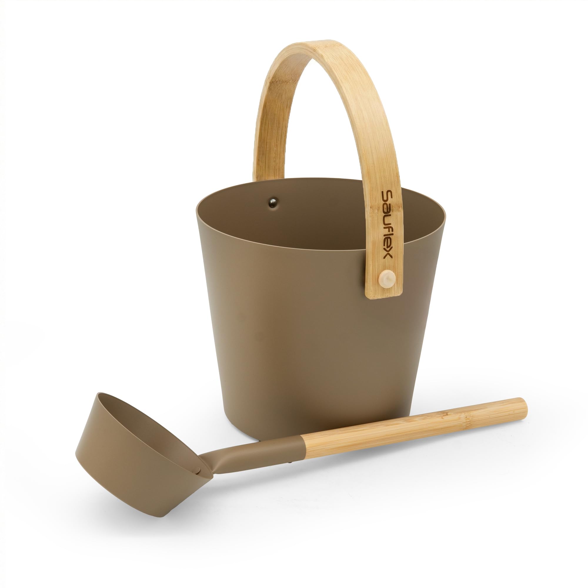 Sauna Zubehör Set: 4L Aluminium Eimer und 42cm Kelle, Bambusgriffe (Taupe)