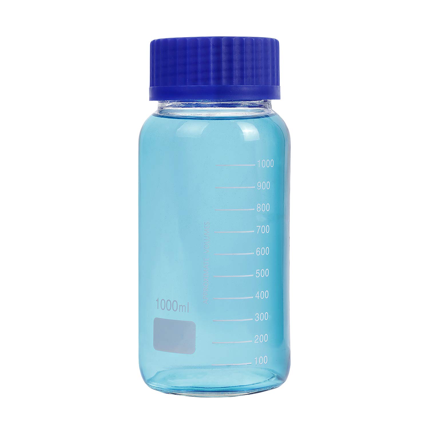 Pyrex - Paquete de 3 botellas de vidrio redondas graduadas de boca ancha de 1000 ml con tapón de rosca de polipropileno azul GL80
