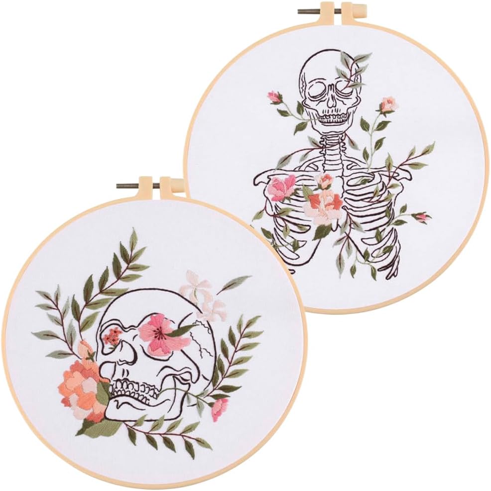 Yangshine 2 Sets Human Anatomy Embroidery Kit for Beginners,Flower with Skull Patterns Cross Stitch Kits,Including Embroidery Hoops, Fabric,Color Threads,Needles,Instructions and Tool Kit