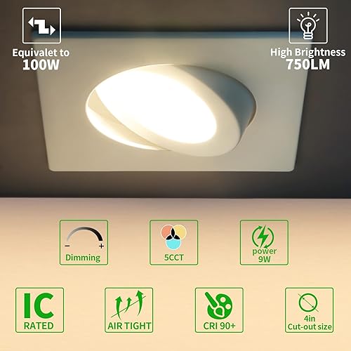 Miniatura 5 de Knllnny Ware - Iluminación empotrable cuadrada de 4 pulgadas, paquete de 6 unidades, luces LED cardán con caja de conexiones, 5CCT seleccionable, 9W