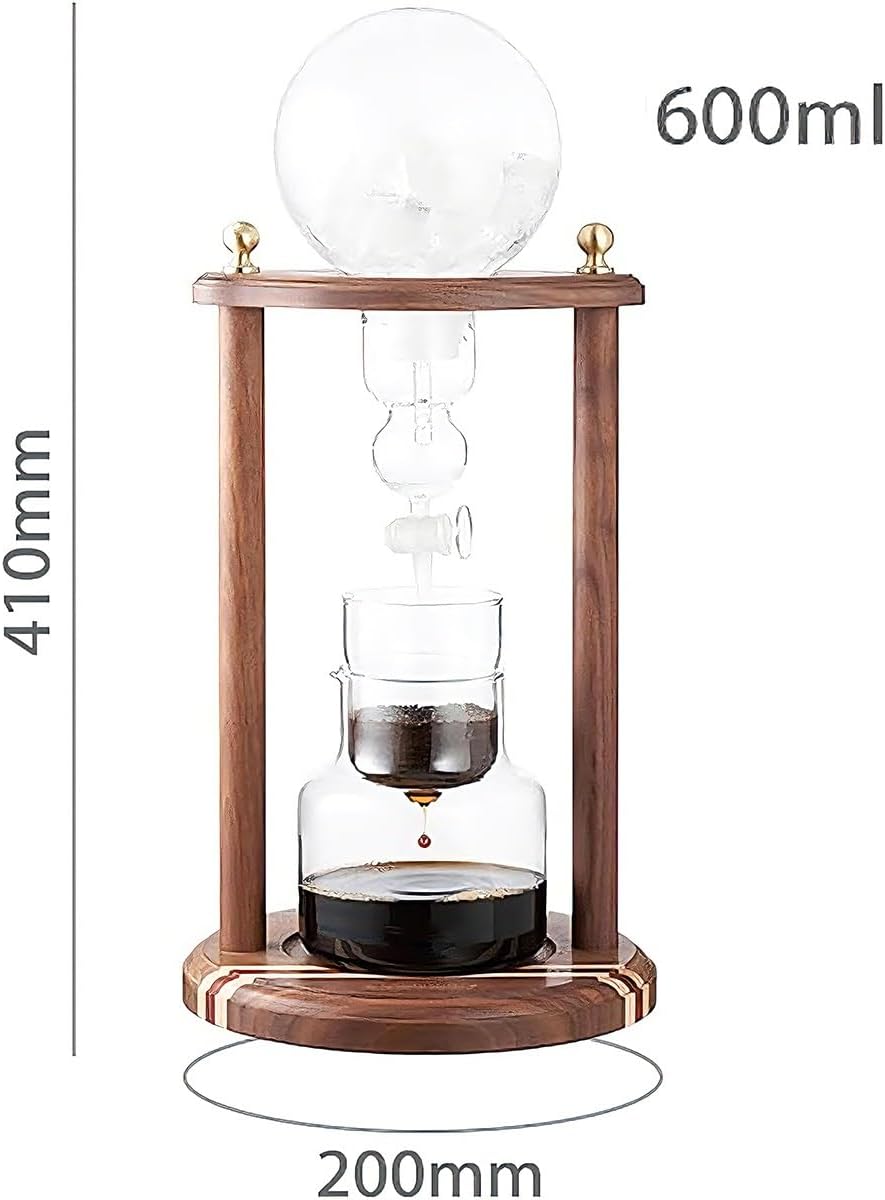 Cold Brew Coffee Tower,Ice Drip Machine,600ml Borosilicate Glass Pot,Makes 4-6 Cups,Wood Frame,with Drip Speed Regulating Valve,for Home Office
