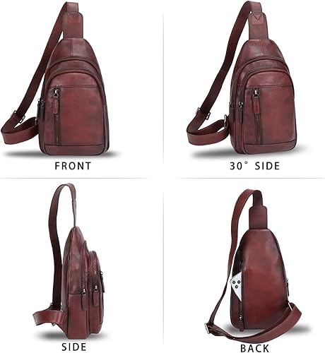 Miniatura 4 de IVTG Bolso bandolera de cuero genuino para mujeres y hombres, bolso cruzado de cuero, bolso de hombro para el pecho, mochila, Café, Mochilas Sling