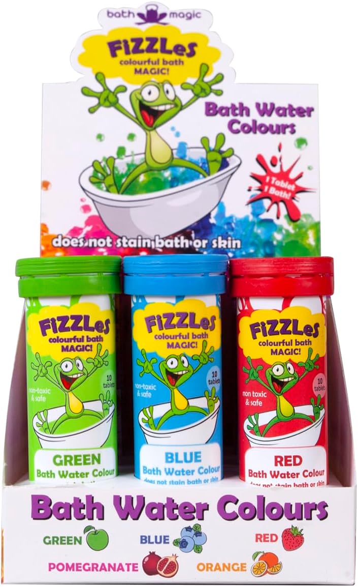 FiZZLeS by Bath Magic Scented Color Changing Effervescent Tablets for Bath time Adventure CDU Pack of 12 Tubes x10 Tablets (4xRed 4xGreen 4xBlue)