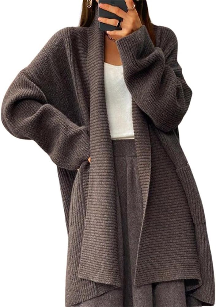 Women's Fall Casual Open Front Midi Long Cardigan Sweater Loose Fit Chunky Knit Coatigan Coat