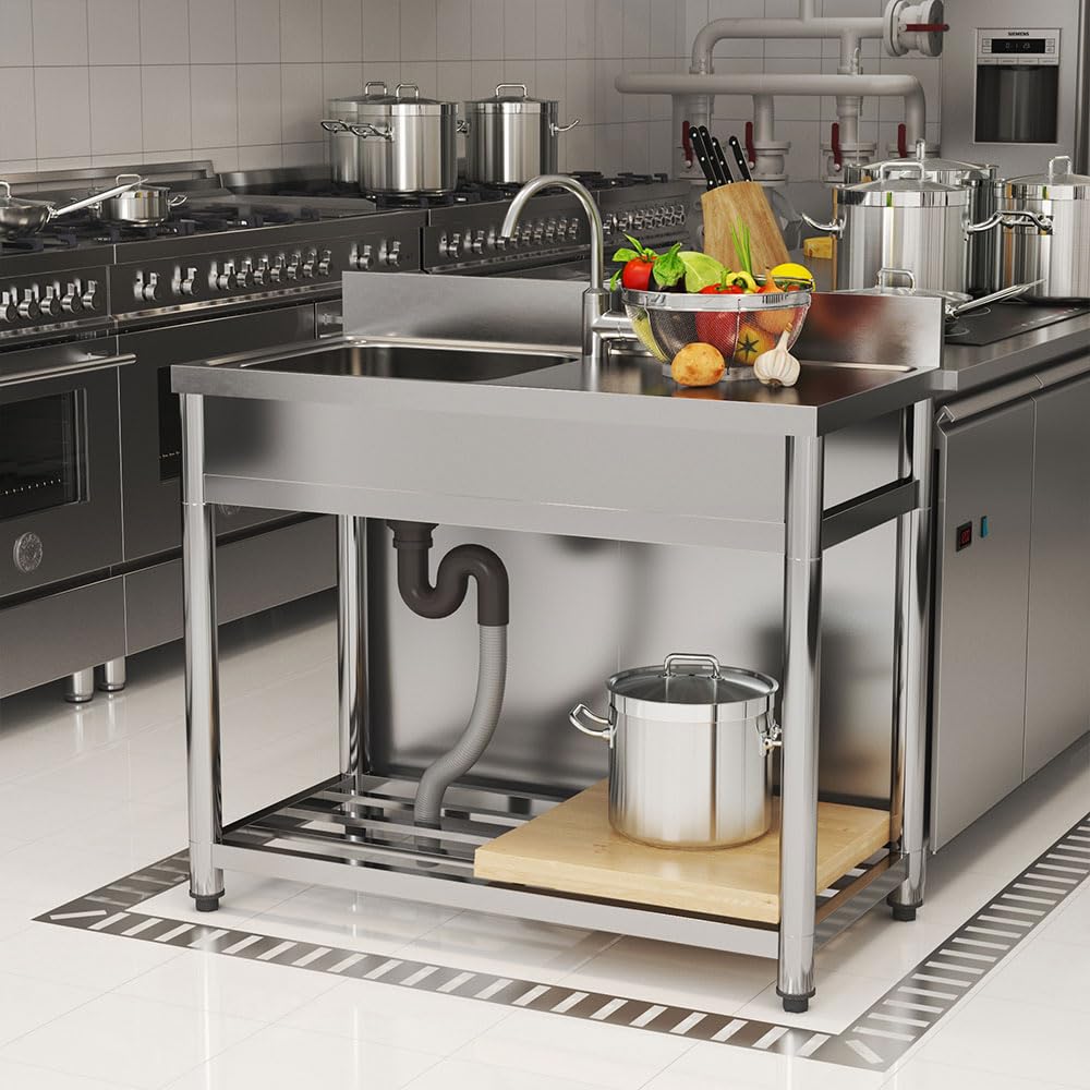 Freistehende Spüle Edelstahl Spültisch mit Ausgussbecken & Arbeitsplatten robuster Spültisch mit abgerundeten Ecken ohne Wasserhahn 100 x 50 x 90 cm für Küche, Restaurant & Cafe