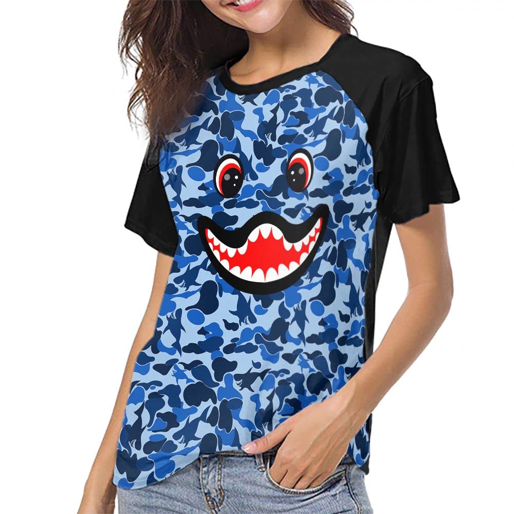 Shark Mouth Social Women Silky Loose Baseball Jerseys camo Shark jaw Shark Baseball t Shirt-Blue-Large