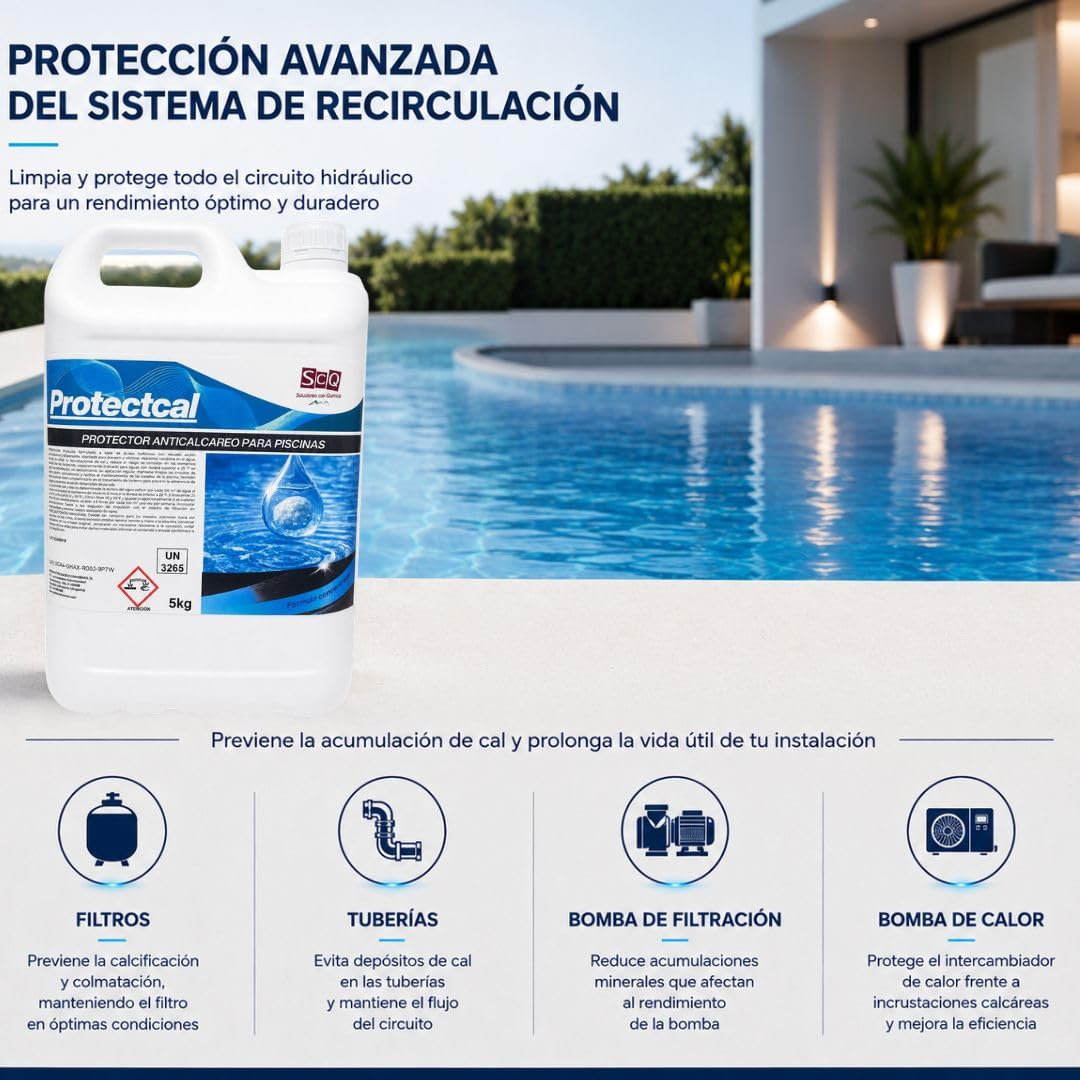 Anticalcáreo y antiincrustante Piscinas Agua Dura | Previene la Cal y Protege Circuitos de Filtración | Acción Dispersante para Piscinas Climatizadas y Exteriores