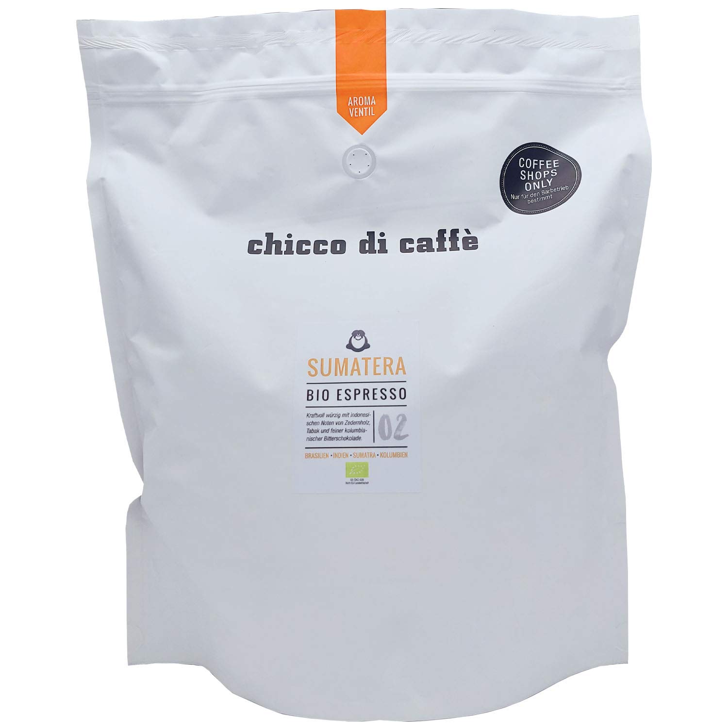 chicco di caffè Bio Espresso Sumatera ganze Bohnen Großpackung 2,5kg | Bio-Qualität, mit Arabica & Robusta, Herkunft Sumatra & Brasilien & Kolumbien, ausgewogenes Aroma, für Genießer