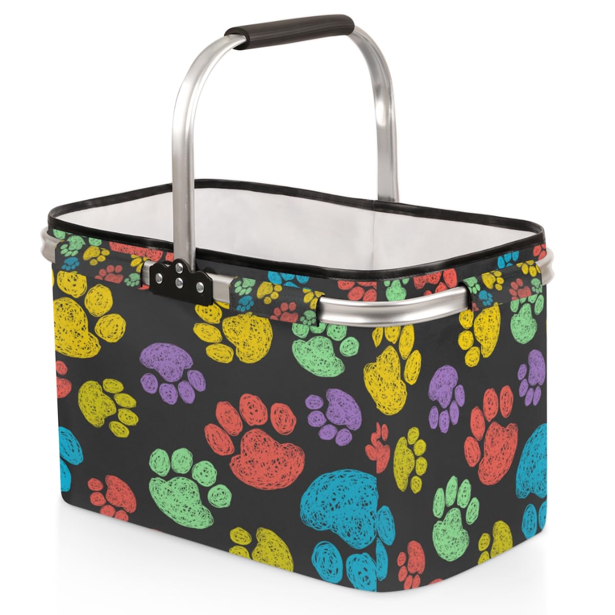 Animal Dogs Paw Collapsible Market Basket Large Picnic Basket Sturdy Aluminum Frame Foldable Shopping Tote Reusable Travel Camping Grocery Storage Bags