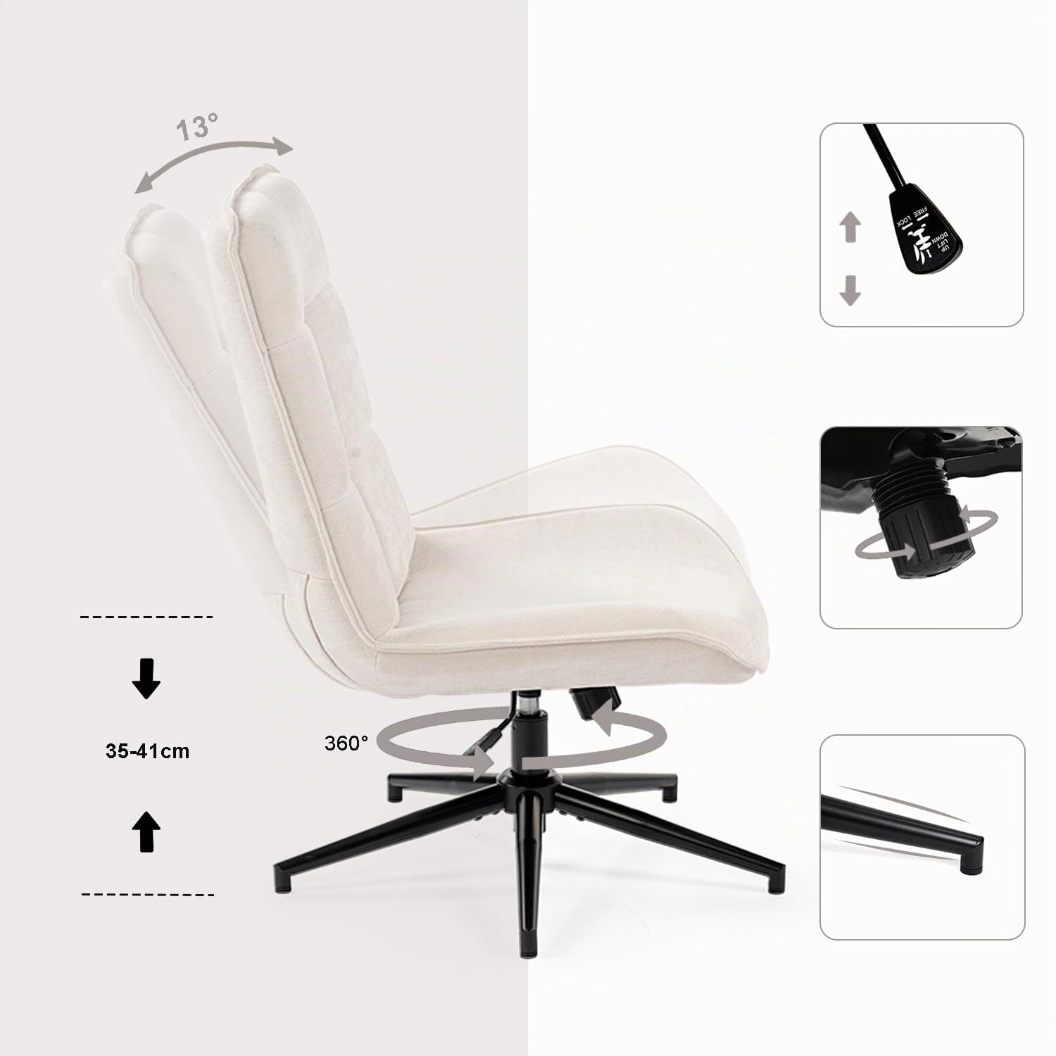 MEUBLE COSY Poltrona Imbottita Girevole Sedia da Salotto Funzione di Inclinazione Libera per Camera Poltroncina Relax con Seduta Spessa Schienale Alto in Tessuto Chenille Beige