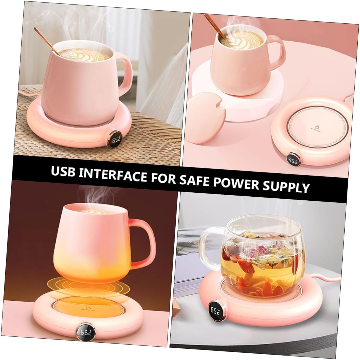 VALICLUD USB Heated Mug Warmer Mat with Temperature Settings Compact Thermal Cup Coaster for Office Desk Portable Rose Coffee and Tea Heat Preservation Pad