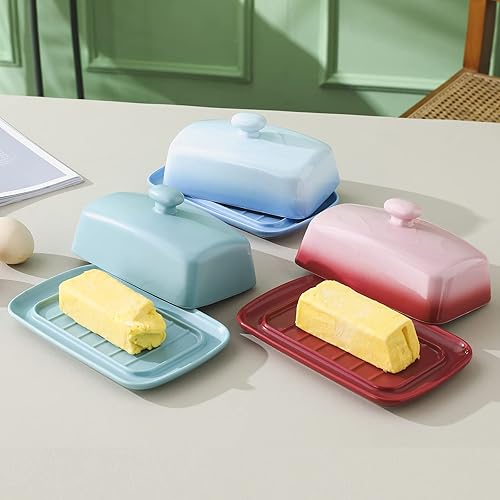 Miniatura 3 de Candiicap - Mantequillera grande de porcelana con tapa, plato de mantequilla clásico que cambia de color para encimera, soporte grande para