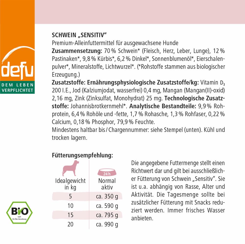 defu Hundefutter | 12 x 410 g | Bio Schwein Sensitiv | Premium Bio Nassfutter Menü | Alleinfuttermittel für Hunde