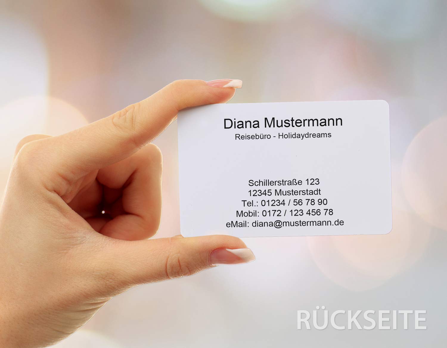 100 Visitenkarten, laminiert, 85 x 55 mm, inkl. Kartenspender - Urlaub Reise Ferien