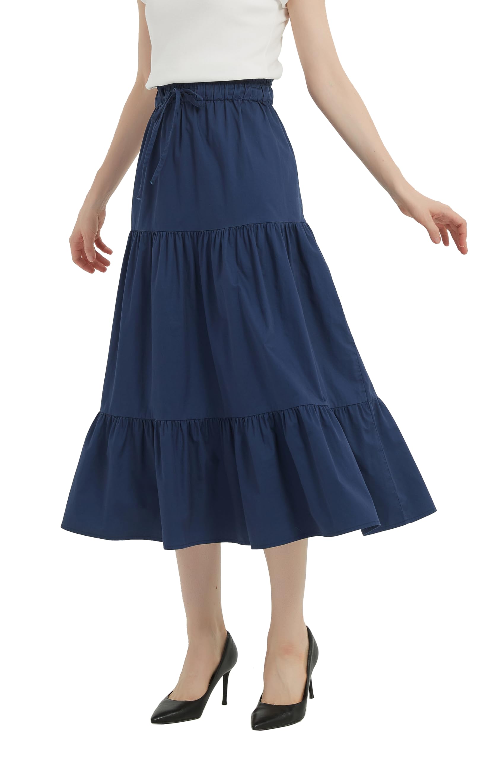 Tronjori Womens A Line Long Midi Chino Denim Skirt Tired Pleated Layers Elastic Waist Front Drawstring