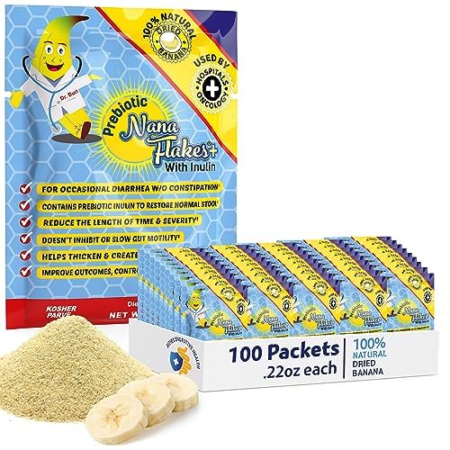 Nutritional Designs Nana Flakes Anti-Diarrheal Banana Powder, IBS Relief & Heart Burn Remedy, 100% Pure Banana Flakes Medical Food - Prebiotic - Natural - High Protein & Fiber (100 Single-Serve Packs)