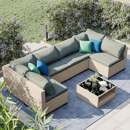 Aug-guan Patio Furniture Set 7-Piece, All-Weather Outdoor Conversation Set Sectional Sofa with Water Resistant Grey Thick Cushions and Coffee Table(Grey)