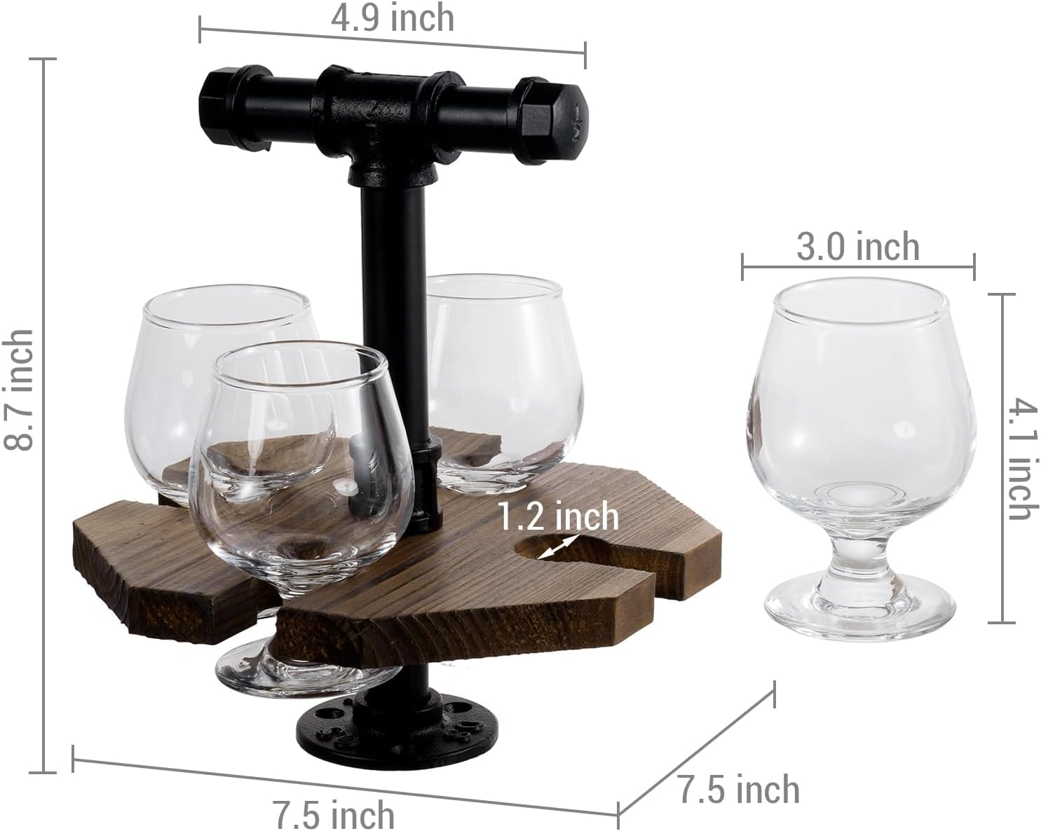 MyGift Solid Burnt Wood Serving Beer Whiskey Flight Set Tray with Industrial Black Metal Pipe Carrying Handle and 4 Small Snifter Style Tasting Beer Glasses, Set of 2