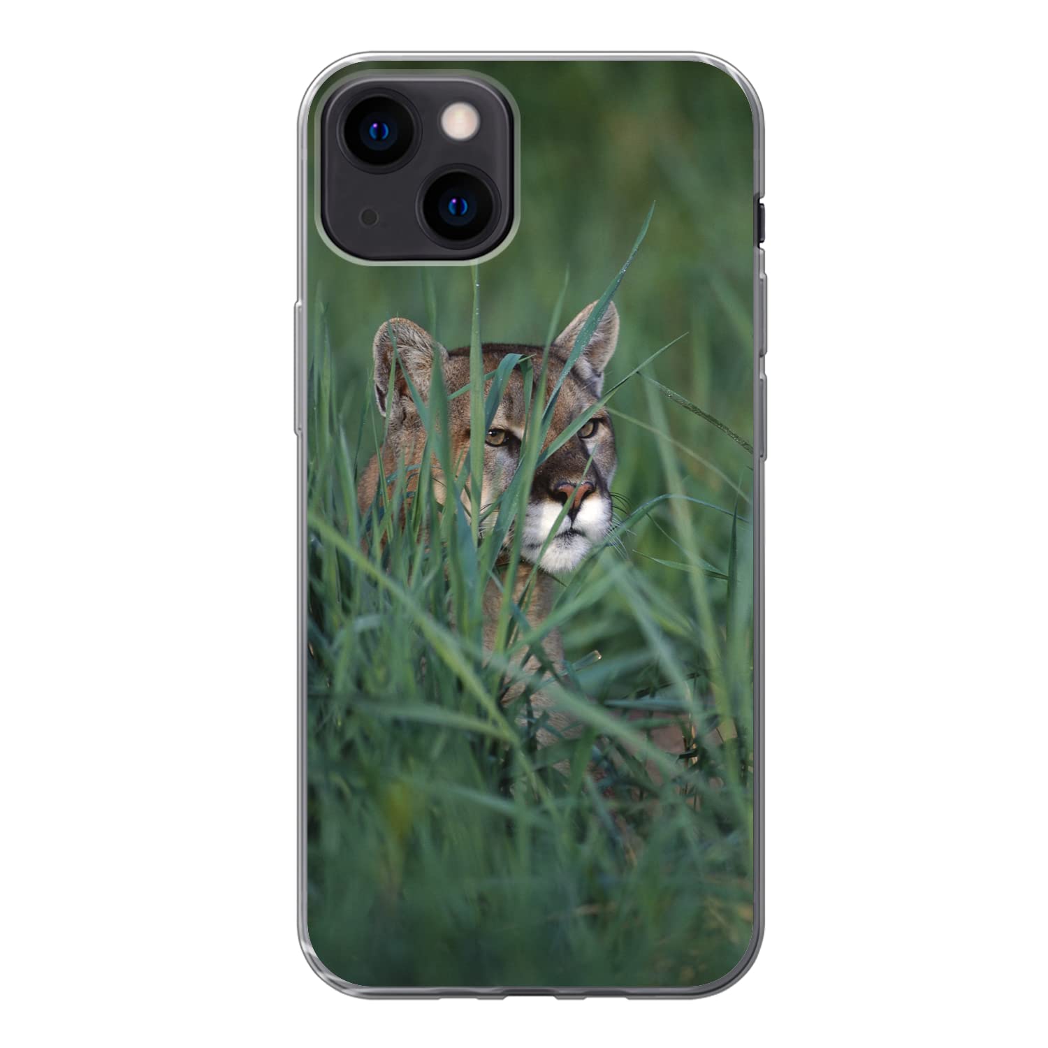 MuchoWow Funda para iPhone 13 - El Puma se esconde Entre Las Hojas de Hierba - Funda de Silicona/Funda Blanda para teléfono móvil